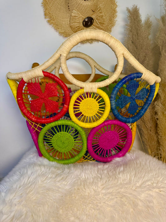 Panier artisanal en raphia motif soleil, fleur XL