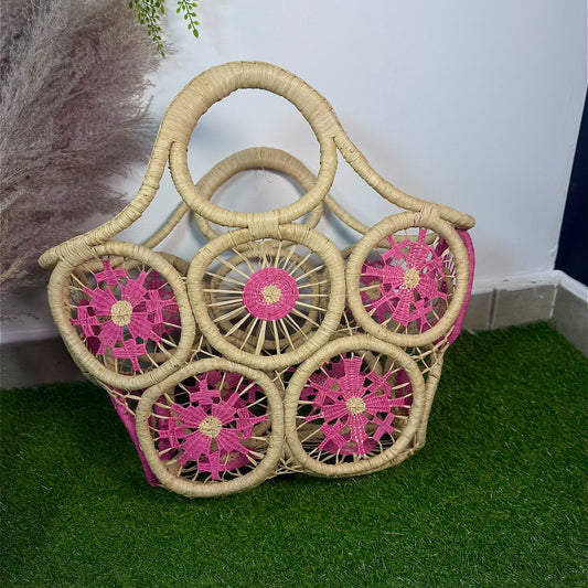 Panier artisanal couleur unique rose au motif exclusif taille XXL