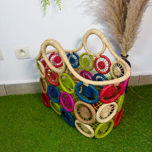 Panier artisanal en raphia motif soleil et hibiscus taille XL