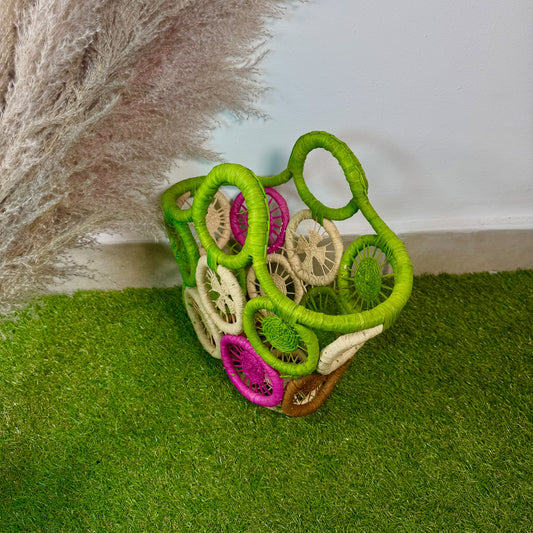 Panier artisanal en raphia motif moulin à vent et soleil multi couleur taille M
