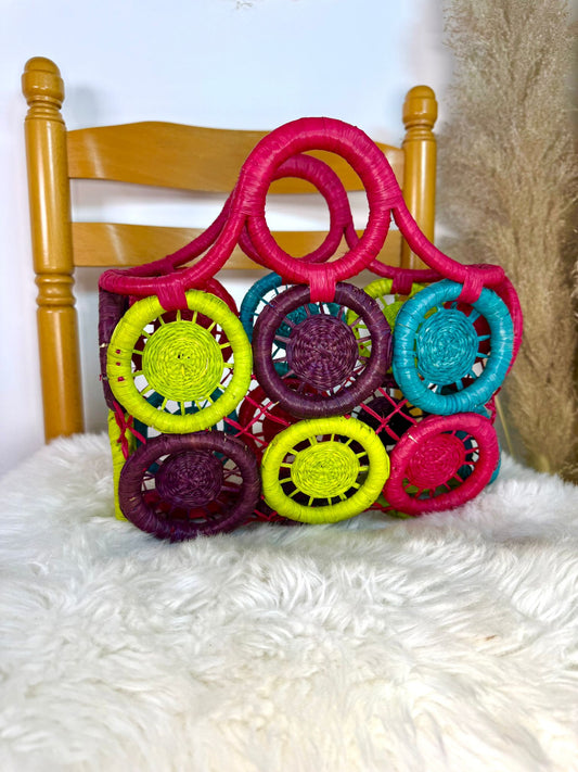 Panier artisanal en raphia motif soleil multi couleurs taille M
