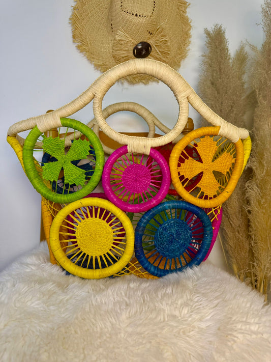 Panier artisanal en raphia motif soleil, fleur XL