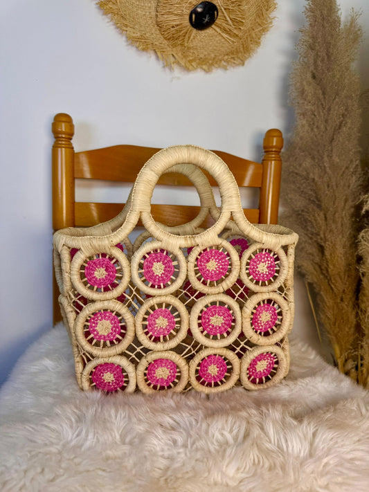 Panier artisanal en raphia style moulin à vent rose taille M