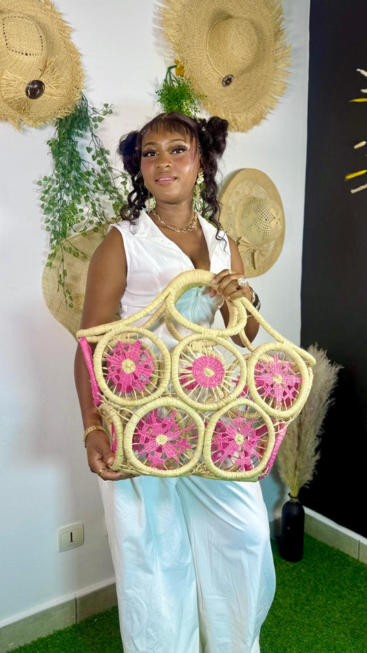 Panier artisanal couleur unique rose au motif exclusif taille XXL