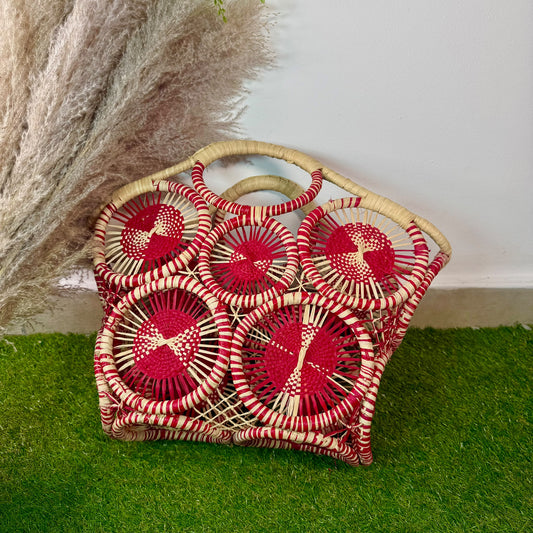 Panier artisanal en raphia motif soleil taille XL couleur rouge
