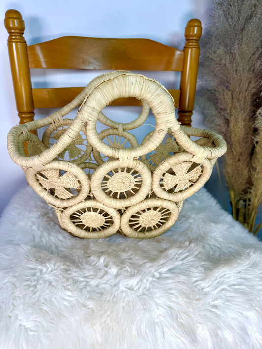 Panier 100% artisanal en raphia motif soleil et moulin taille M