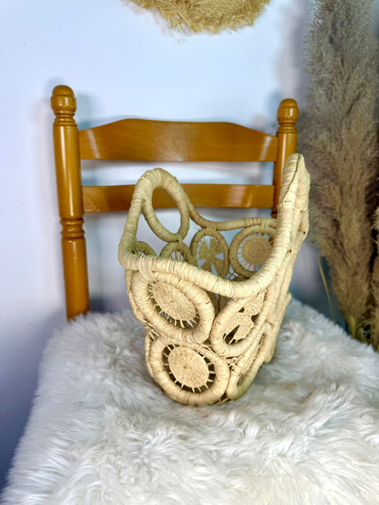 Panier 100% artisanal en raphia motif soleil et moulin taille M