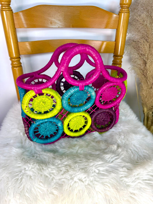 Panier 100% artisanal en raphia motif soleil multi couleurs taille M