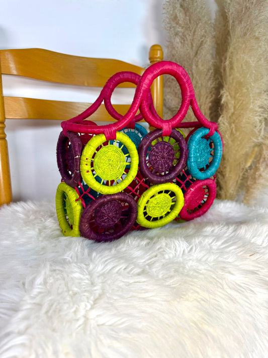 Panier artisanal en raphia motif soleil multi couleurs taille M