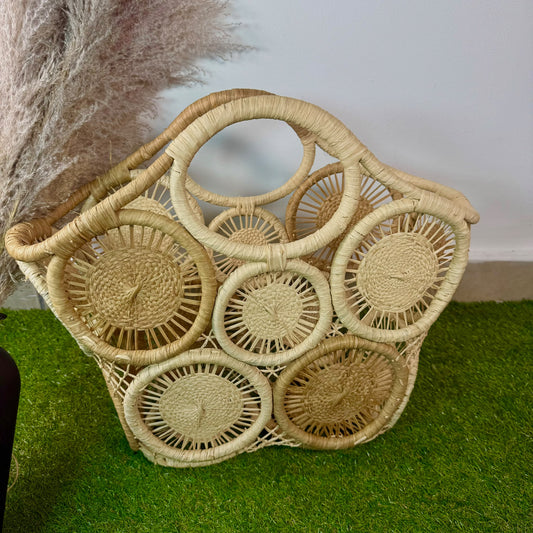 Panier artisanal marron en raphia tressé motif floral XL